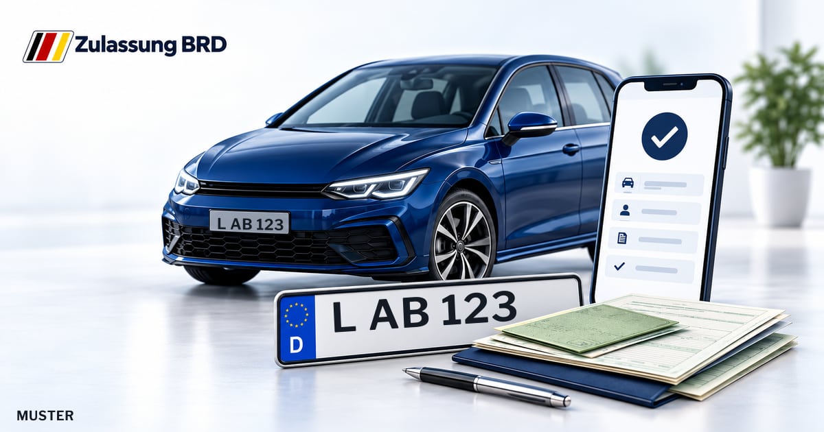 Online Fahrzeugzulassung in Markranstädt: Musterkennzeichen L AB 123, Auto und Fahrzeugpapiere und Smartphone. Illustration mit Logo von Zulassung BRD.